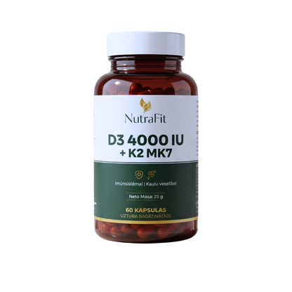 NutraFit Vitamīns D3 4000IU + K2 (MK-7) – Tavai Imunitātei un Kaulu Veselībai